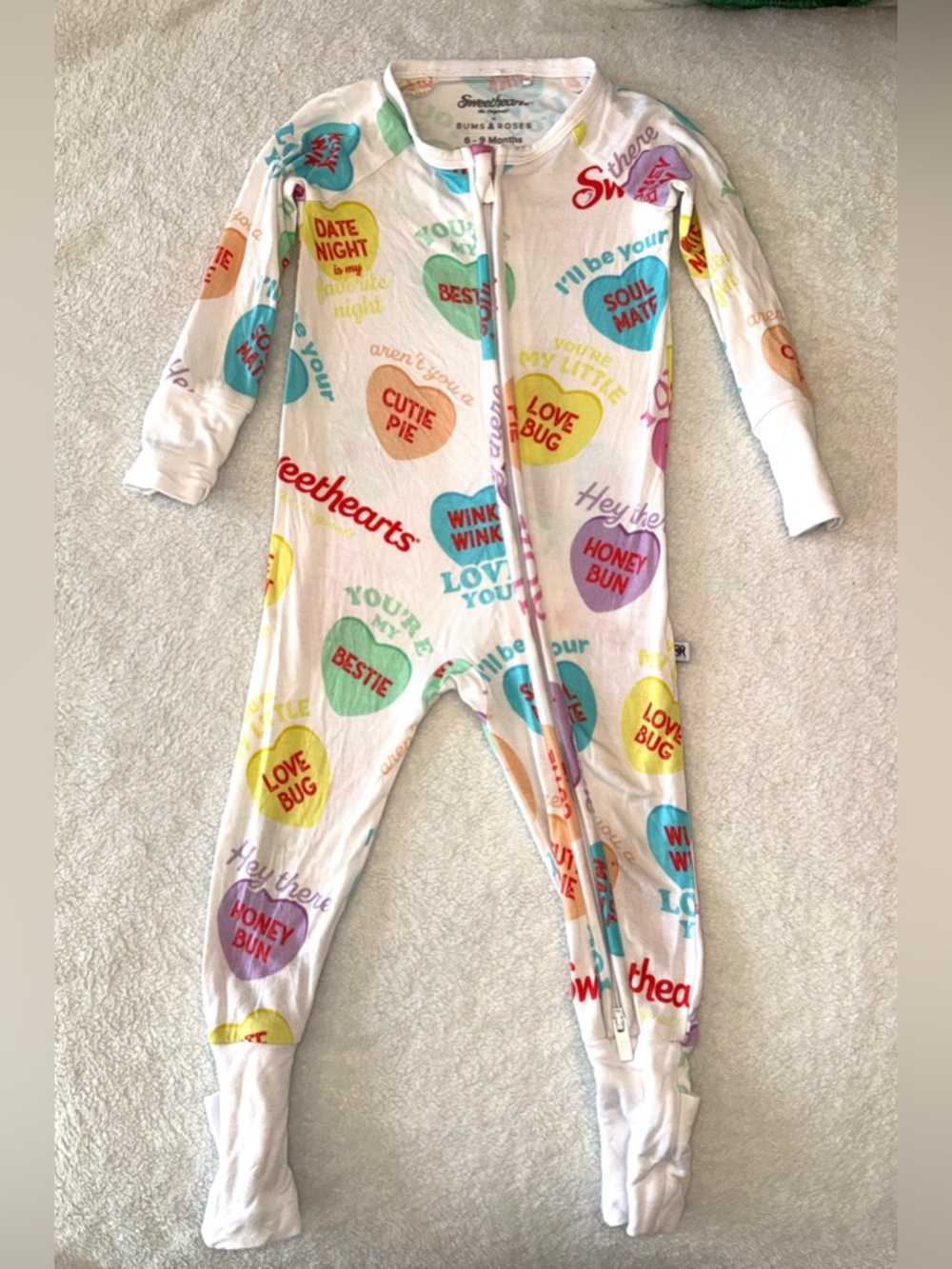 Bums & Roses Sweettarts Conversation Hearts print, size 6-9 mos